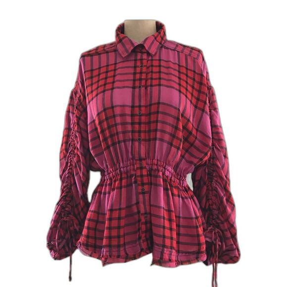 We The Free People Pink Plaid Frayed Cropped Long Sleeve Top Shirt - XS - Picture 1 of 9